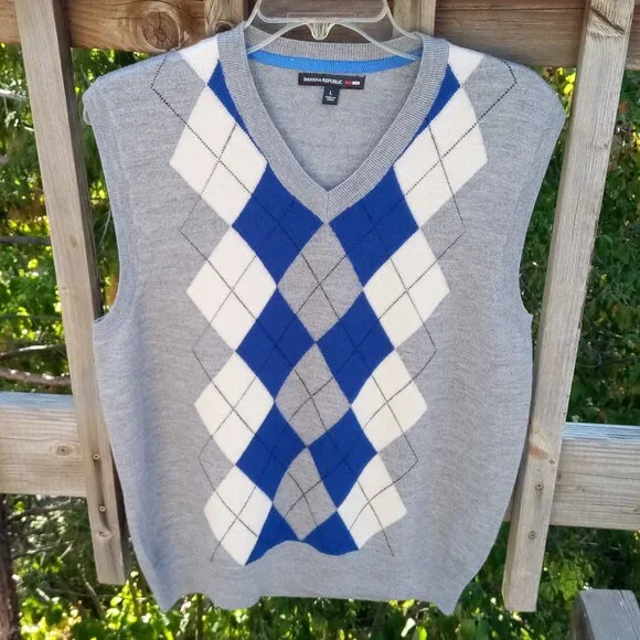 Banana Republic Madmen Argyle gray merino wool sweater vest sz L - Picture 6 of 9